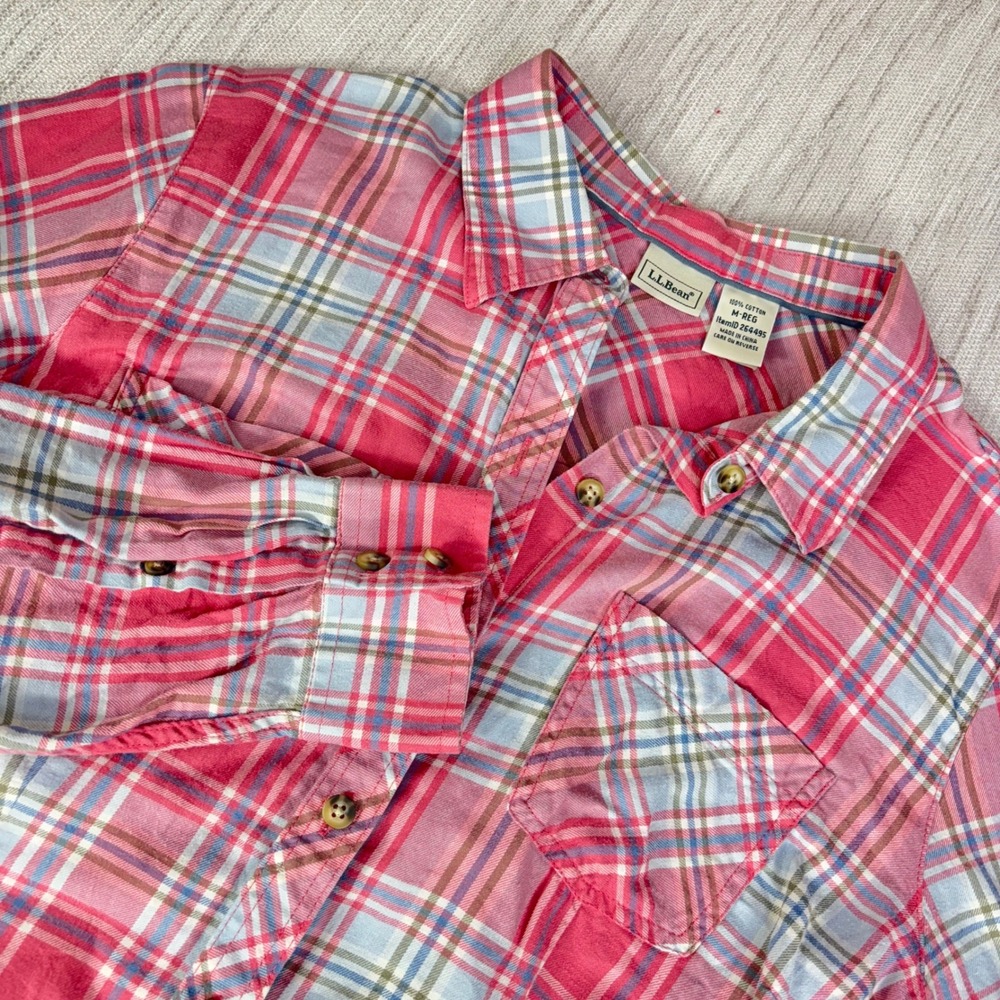 LL‎ Bean Womens Pink Blue Plaid Cotton Roll Tab Button Down Shirt M-REG 264495